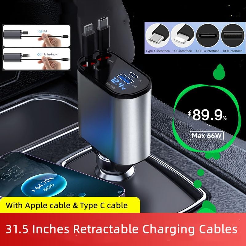 Ultimate Retractable Car Phone Charger – Type C Fast Charging with 120 W Power Output, Dual USB Ports for i Phone 16/15/14/13/12/11 and Galaxy S23/S22/S10 – Tidy, Compact Design for On-the-Go Charging and Easy Storage
