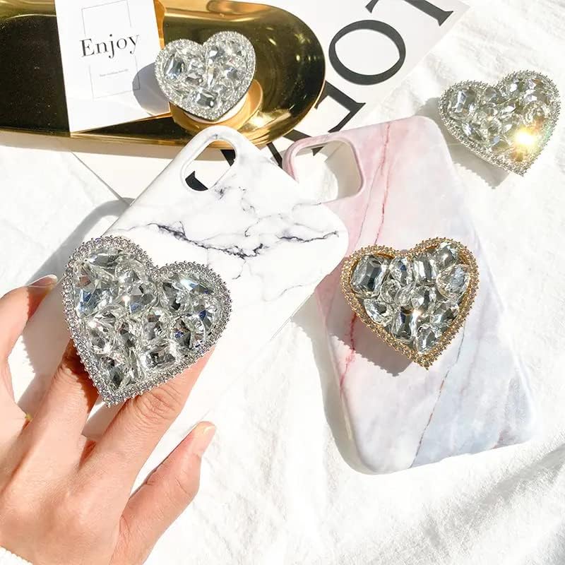 Elegant Heart-Shaped Diamond Phone Grip and Stand – Chic Collapsible Mobile Accessory for Secure Handling and Stylish Functionality (Silver Small)