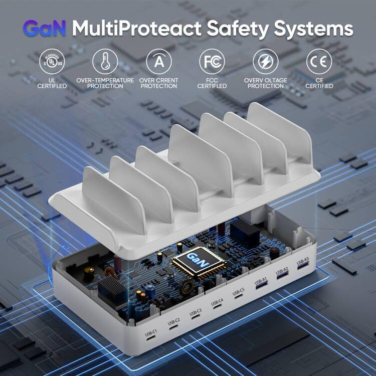 High-Power 300 W Multi-Device Charging Station: 8-Port USB-C Fast Charger Dock with 6 Cables for Mac Book, i Phone 16/15/14/13/12, Samsung, Pixel & i Pad – Sleek White Design for Ultimate Efficiency and Versatility