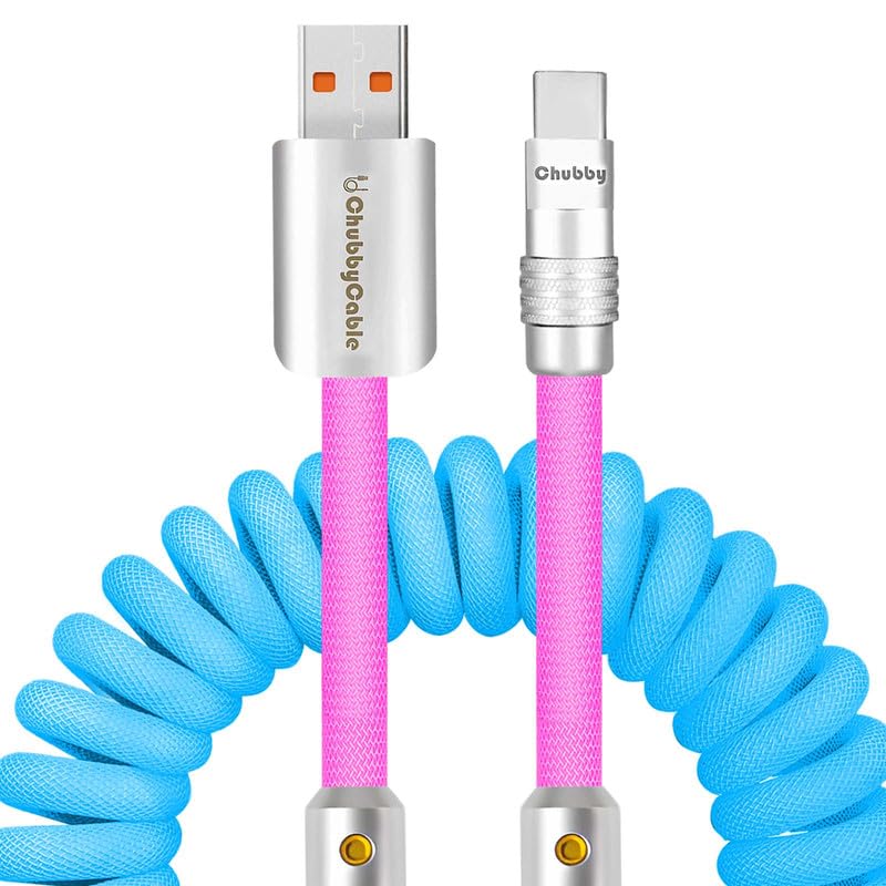 Experience Unmatched Charging Versatility with the Chubbycable Curly Chubby – 240 W High-Speed Retractable USB-C Cable, Extends 2.29 to 3.6 FT, Ideal for Car Play & Android Auto, Stylish Dark Blue and Green Coiled Design for Effortless Organization and Durability