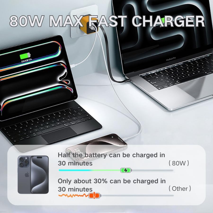 High-Efficiency 3-in-1 Ga N Charger – 80 W High-Speed Power Hub with Retractable USB-C Cable & Dual USB Ports for Ultimate Multi-Device Charging – Ideal Companion for Laptops, Smartphones, and Wireless Earbuds on the Move