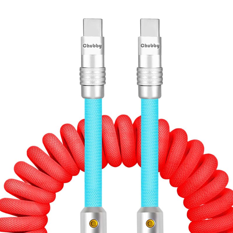 Experience Unmatched Charging Versatility with the Chubbycable Curly Chubby – 240 W High-Speed Retractable USB-C Cable, Extends 2.29 to 3.6 FT, Ideal for Car Play & Android Auto, Stylish Dark Blue and Green Coiled Design for Effortless Organization and Durability