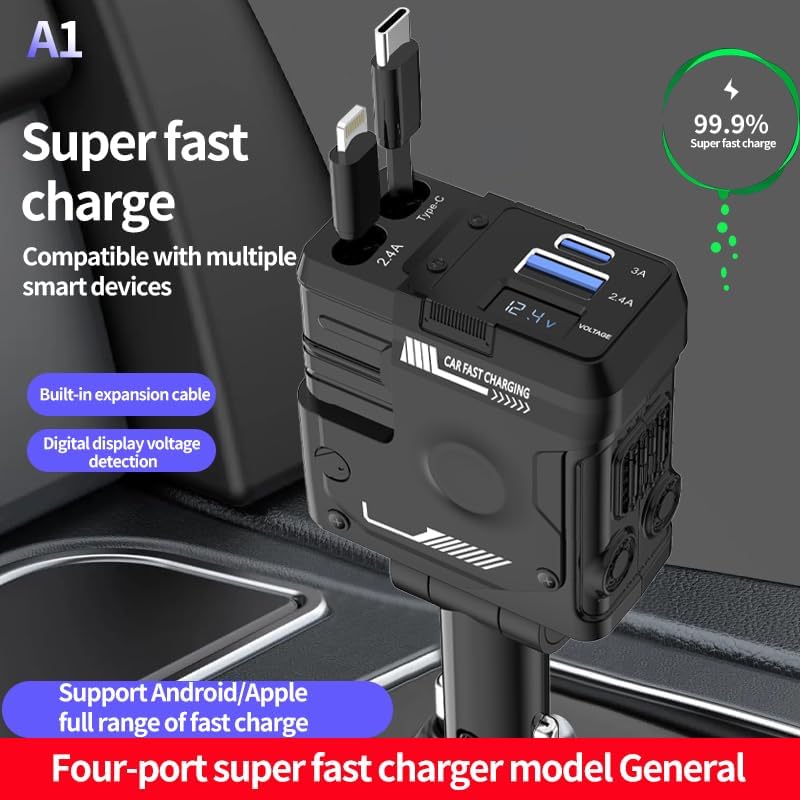 2025 Upgraded 4-in-1 Retractable Car Charger – Dual USB Ports with Fast Charging (Max 66 W) for i Phone 16/15/14/13/12 Pro Max & Samsung Galaxy Fold/S Series, Effortless Device Compatibility and Storage Solution