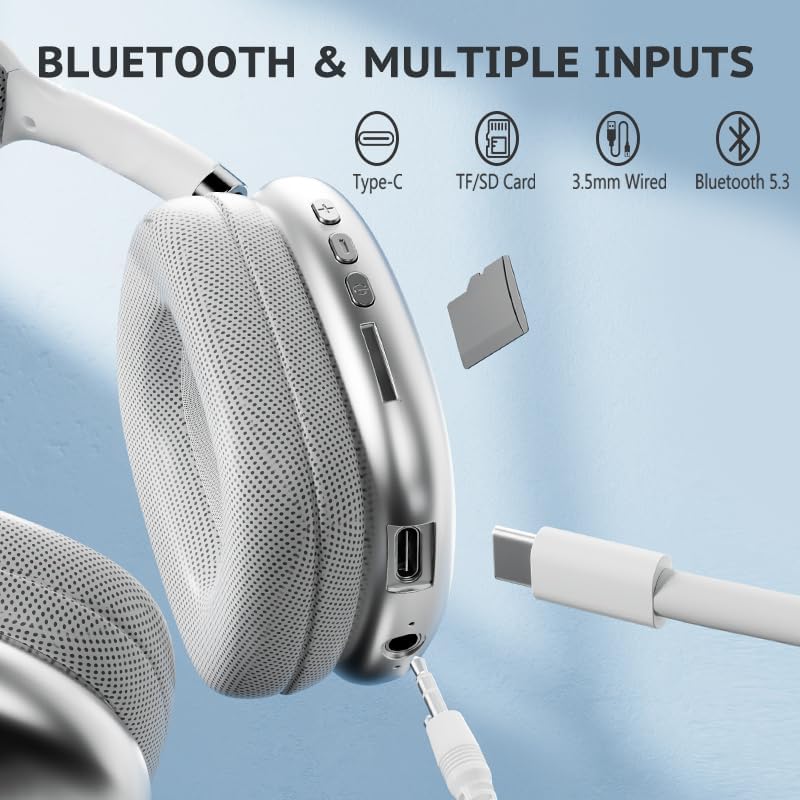 Sleek Silver Premium Bluetooth Over-Ear Headphones with Microphone – Ultimate Versatility for Wireless and Wired Listening, 32-Hour Extended Playtime, Lightweight Foldable Design Perfect for Sports, Gym, Home, and Office Use – Seamless Compatibility with i OS, Android, and Laptops