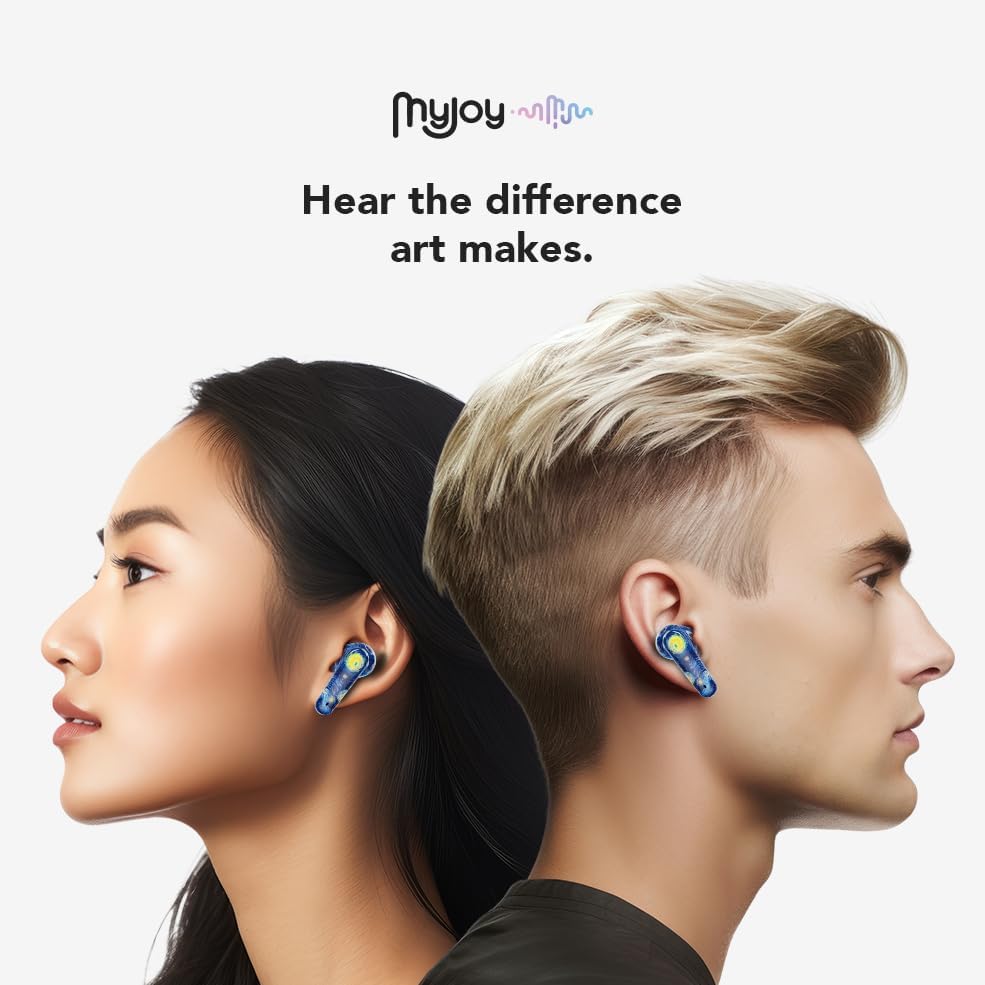 Elevate Your Audio Experience with My Joy Classic Wireless Earbuds – Stylish Van Gogh-Inspired Design, Dual Microphones for Crystal-Clear Calls, IPX5 Sweatproof for Active Lifestyles, Enjoy Up to 7 Hours of Playtime, Noise-Reducing Technology, Effortless Wireless Charging and Enhanced Compatibility for Seamless Device Connection