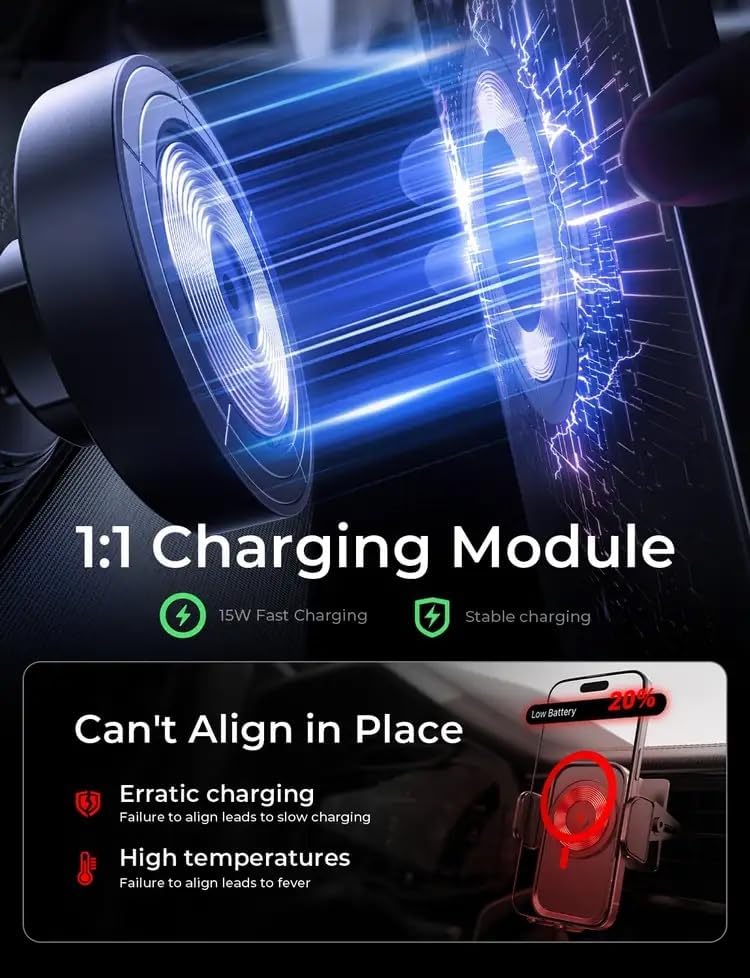 LISEN Mag Safe Car Mount Charger for i Phone 16 – 15 W Fast Wireless Charging Magnetic Phone Holder for Secure Vent Installation, Compatible with i Phone 16, 15 Pro Max & All Mag Safe Devices – Ultimate Hands-Free Convenience & Enhanced Driving Safety