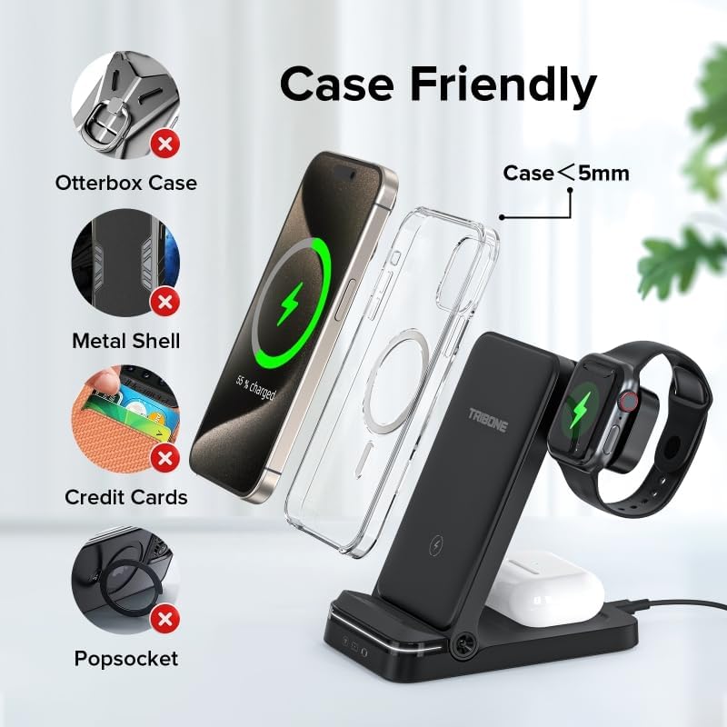 Tribone 3-in-1 Foldable Fast Wireless Charger for Apple Devices – Ultimate Charging Station for i Phone 11-16, Apple Watch Series 1-10, Air Pods Pro 4/3/2 – Sleek Black Design for Home & Travel – High-Speed Power-Up, Space-Saving Convenience
