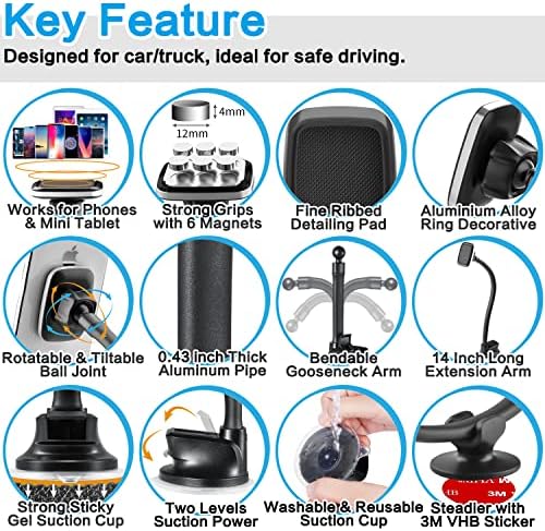Revolutionize Your Driving with the 1 Zero Magnetic Phone Car Mount – 14-Inch Gooseneck Long Arm for Ultimate Flexibility, Heavy-Duty Suction Cup for Secure Placement, and 6 Powerful Magnets for All Cell Phones Including i Phones – Navigate Safely with Enhanced Hands-Free Access and Effortless Installation