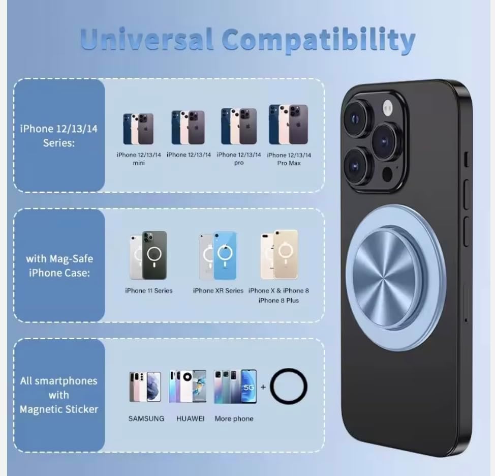 Ultimate Sleek Gray Magnetic Phone Grip & Kickstand – Enhanced One-Handed Use for Mag Safe, i Phone & Samsung Devices with Universal Adapter – Ergonomic Design for Secure Hold & Effortless Hands-Free Viewing