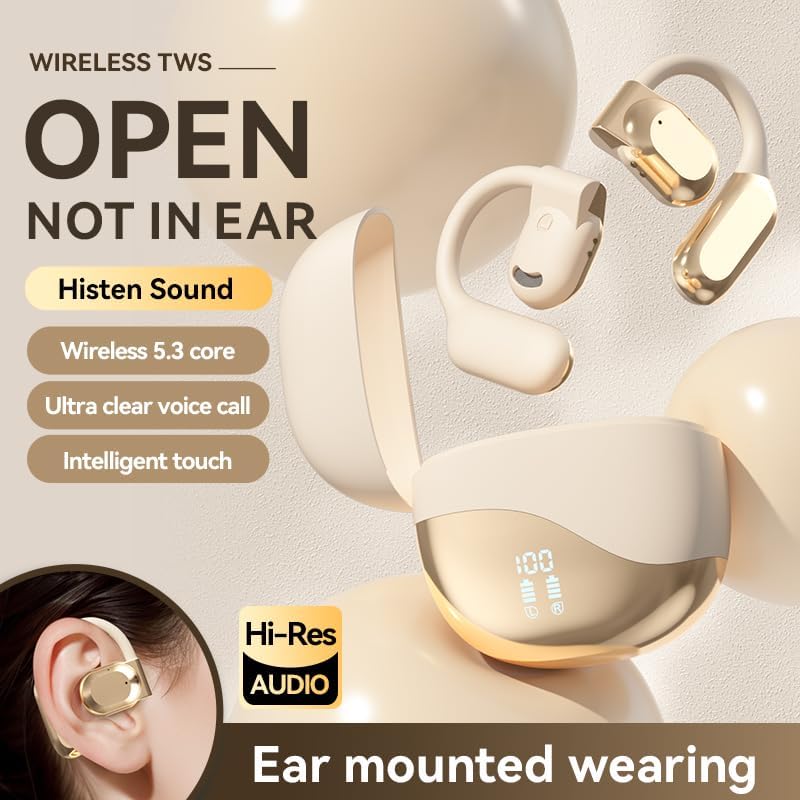 Ultimate IPX7 Waterproof Wireless Earbuds – Enhanced Over-Ear Stereo Bass Bluetooth Headphones for Sports & Workouts – Dual Power Display Charging Case for Effortless Recharging – Exceptional Sound Performance for Active Lifestyles – Sleek Champagne Design