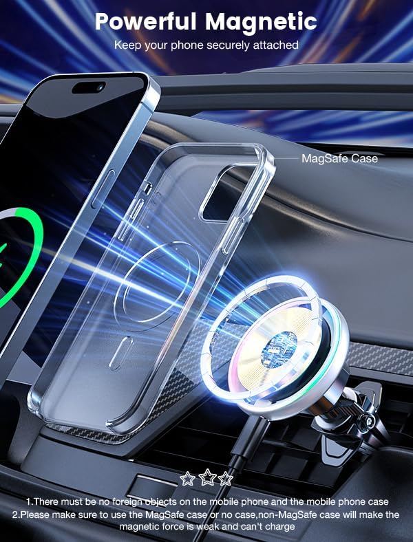 MOKPR 15 W Mag Safe Car Charger & Magnetic Phone Holder – Effortless Fast Wireless Charging with Dynamic LED RGB Lighting for i Phone 15/14/13/12 Series – Stylish Dash & Air Vent Mount for Enhanced Driving Experience and Convenient Accessibility