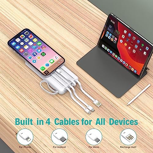 Slim 10,000 m Ah Portable Charger with Built-in Cables – High-Speed USB-C Power Bank for Travel | 5 Outputs & 3 Inputs, LED Display, Compatible with i Phone, Samsung, Pixel, LG & More – Essential Power Solution for On-the-Go Charging