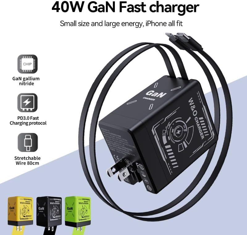 W&O 40 W Ga N Retractable Wall Charger – Ultimate Dual Charging Solution for i Phone 11-16, i Pad, Galaxy S25 & Pixel – Compact, Fast Charging Power Hub for Travel & Everyday Use with Built-in Lightning & Type-C Cables