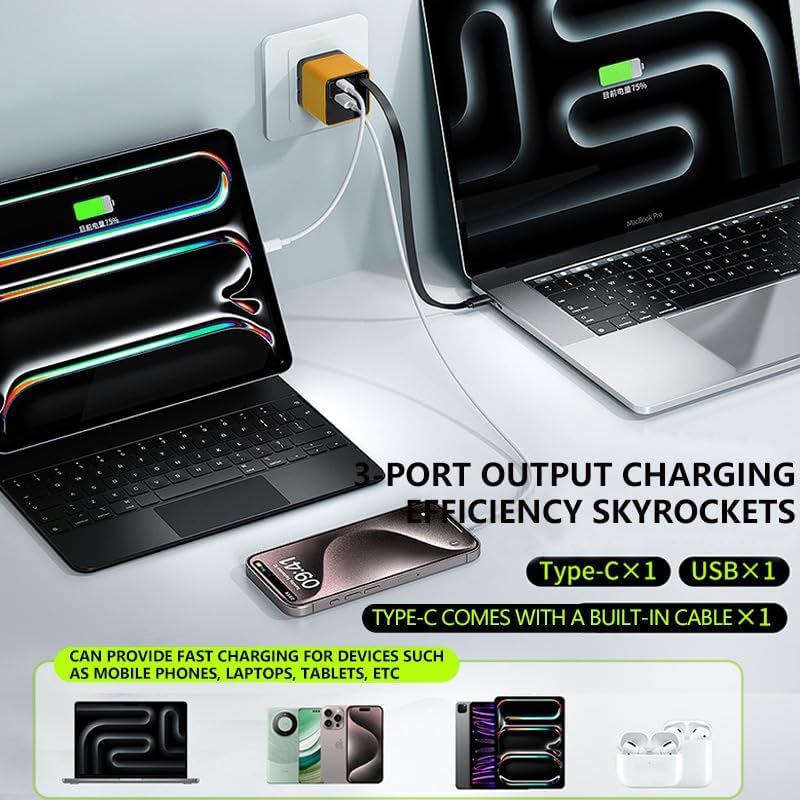 Ultimate 3 in 1 Ga N Charger – 80 W Fast Charging Station with Retractable Type-C Cable & Dual USB Ports for i Phone, Laptops & Tablets – Sleek Green Design for Enhanced Compatibility and Portability