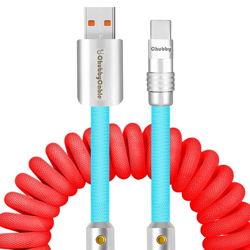 Experience Unmatched Charging Versatility with the Chubbycable Curly Chubby – 240 W High-Speed Retractable USB-C Cable, Extends 2.29 to 3.6 FT, Ideal for Car Play & Android Auto, Stylish Dark Blue and Green Coiled Design for Effortless Organization and Durability