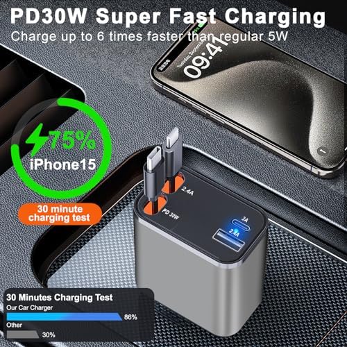Ultra-Compact 4-in-1 Retractable Car Charger – Dual Type-C and USB Ports, Super Fast Charging for Samsung Galaxy Note Series and More – Multi-Device Convenience for Road Trips and Daily Commutes