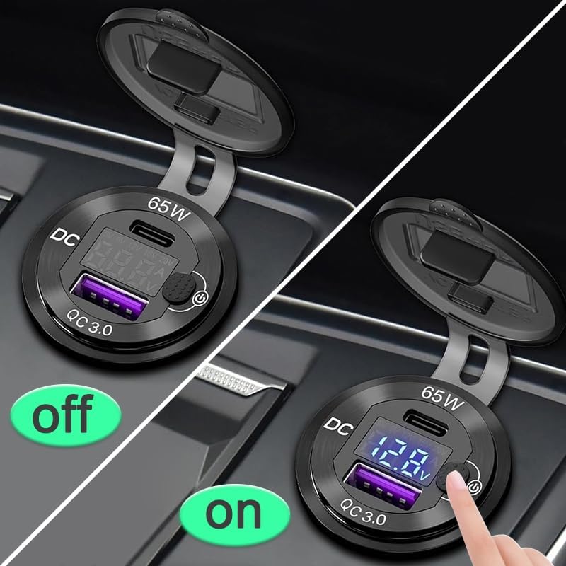 High-Power 12 V USB Charger with Waterproof Aluminum Casing – 65 W PD USB-C & Quick Charge 3.0 for RVs, Boats, and Golf Carts – Built-in Voltmeter & Energy-Efficient Switch for Reliable Performance and Enhanced Compatibility