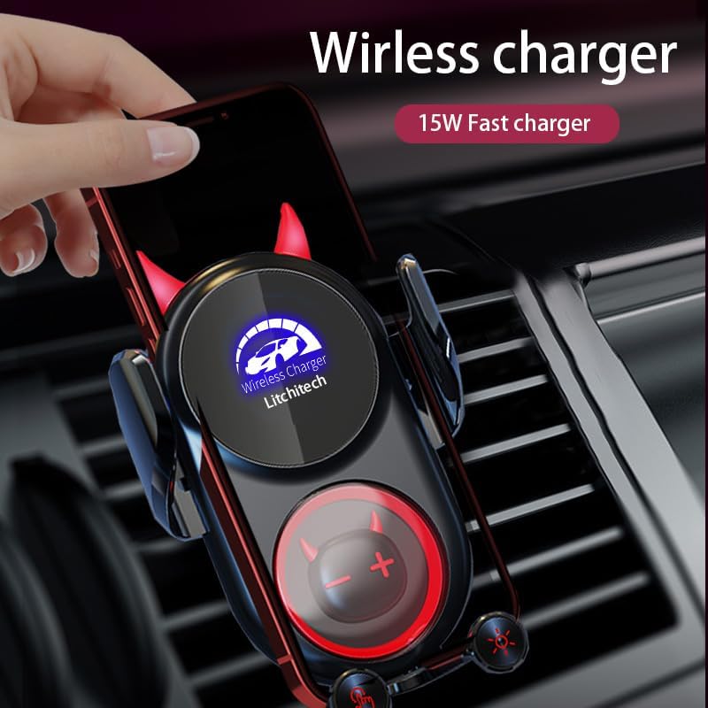 Stylish Wireless Car Charger Mount with Auto-Clamping Smart Sensor – Adorable Black Demon Design for Effortless Charging and Secure Phone Holding, Compatible with i Phone and Samsung Devices, Fast Charging Technology for Ultimate Convenience