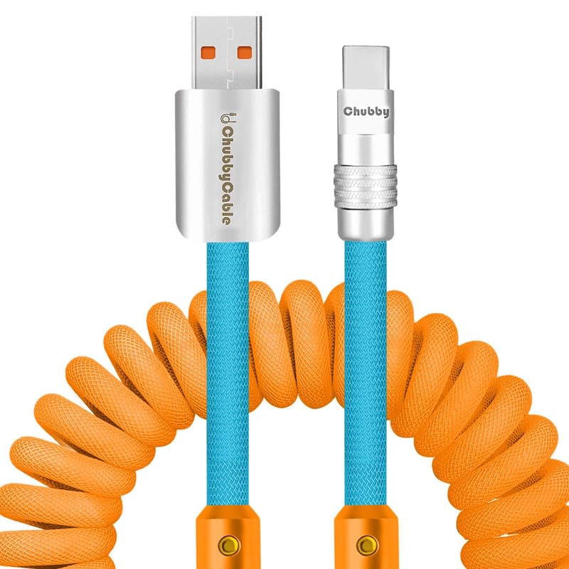 Experience Unmatched Charging Versatility with the Chubbycable Curly Chubby – 240 W High-Speed Retractable USB-C Cable, Extends 2.29 to 3.6 FT, Ideal for Car Play & Android Auto, Stylish Dark Blue and Green Coiled Design for Effortless Organization and Durability