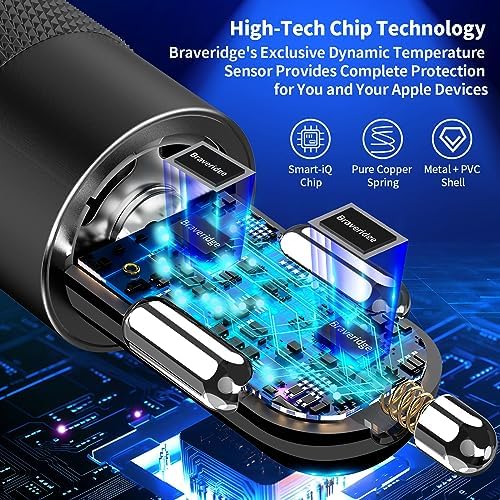 Braveridge 66 W Dual Port USB-C Car Charger for i Phone 16 – MFi Certified Fast Charging with Type-C Braided Cable – Enhanced Compatibility for i Phone 16/16 Pro Max/15/15 Pro/i Pad – Ideal for Road Trips and On-the-Go Power Solutions
