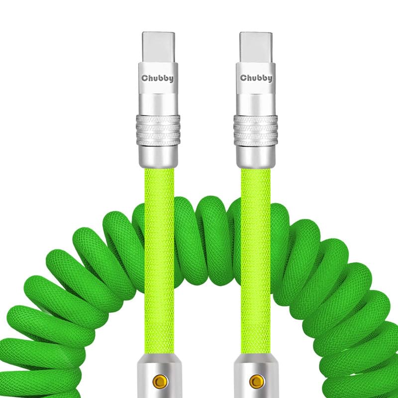 Experience Unmatched Charging Versatility with the Chubbycable Curly Chubby – 240 W High-Speed Retractable USB-C Cable, Extends 2.29 to 3.6 FT, Ideal for Car Play & Android Auto, Stylish Dark Blue and Green Coiled Design for Effortless Organization and Durability