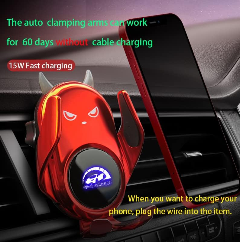 Chic Red Demon Wireless Car Charger Mount with Auto Clamping and Built-in Battery – Fast Charging for i Phone 14/13/12/11/X/SE & Samsung S22/S21/S20/Note Series – Stylish Dashboard and Vent Holder for Effortless Navigation and Convenience