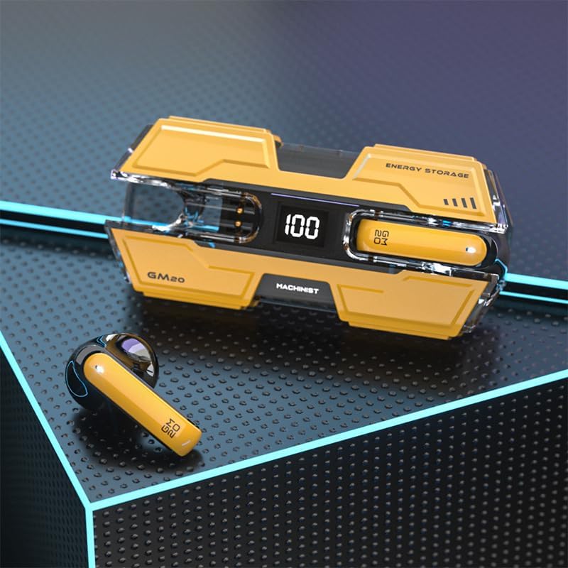 GM20 Bluetooth 5.3 True Wireless Earbuds – 48 Hour Playback Waterproof Stereo Earphones with LED Charging Case & Deep Bass Sound for Ultimate Audio Freedom in Yellow – Perfect for Gym, Outdoor Activities, and Everyday Use