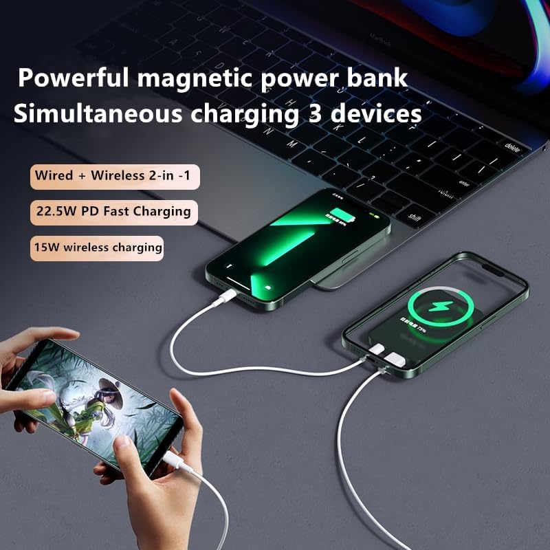 Magnetic Wireless Power Bank – 10000 m Ah Portable Charger with 22.5 W Fast Charging, LED Battery Indicator, USB-C Compatibility for i Phone & Samsung Galaxy – Ultimate On-the-Go Charging Solution in Sleek White Design