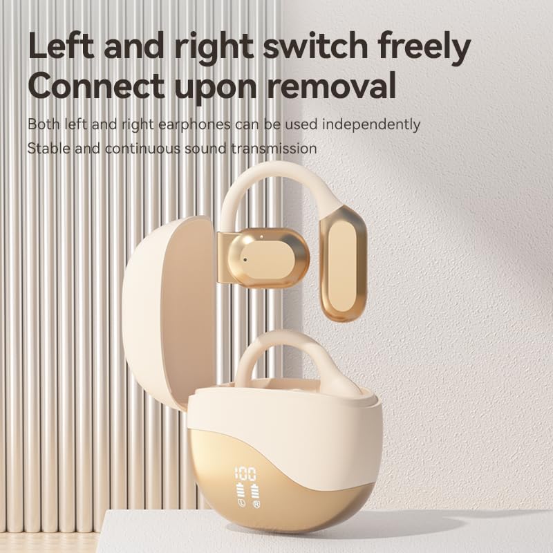 Ultimate IPX7 Waterproof Wireless Earbuds – Enhanced Over-Ear Stereo Bass Bluetooth Headphones for Sports & Workouts – Dual Power Display Charging Case for Effortless Recharging – Exceptional Sound Performance for Active Lifestyles – Sleek Champagne Design