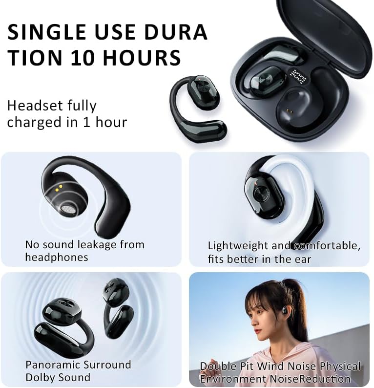 Revolutionary Open Ear Bluetooth 5.3 Headphones with Smart Battery Display – Uninterrupted 30-Hour Playtime, IP4 Waterproof for Ultimate Active Performance, Ideal for Cycling, Running, and Fitness – Experience Unmatched Comfort and Awareness in Black