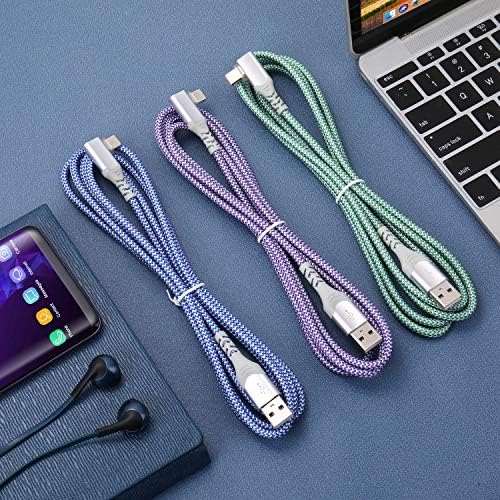 10 FT USB to C Cable 3 Pack – Fast Charging Right Angle Nylon Braided Charger for i Phone 16, Samsung Galaxy S25 & More – Superior Durability & Enhanced Comfort for Gaming & Streaming – Universal Compatibility for All Devices