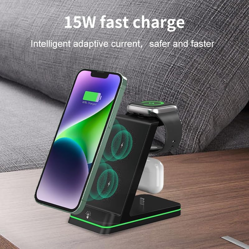 All-in-One 3 in 1 Wireless Charging Station for i Phone 11-16, Apple Watch, and Air Pods – Fast QC3.0 Adapter Included, Sleek Design for Tidy Charging Solution, Enhanced Device Compatibility and Safety Features