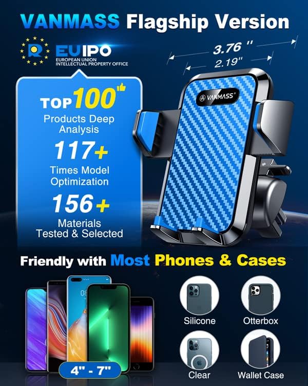 VANMASS 2024 Enhanced Universal Phone Holder – Super Suction Cup Mount for Car Dashboard, Window & Vent – Securely Fits i Phone 15 Pro Max, 14, 13 & More – Hands-Free Vehicle Cradle with 360-Degree Rotation – Sleek Blue Design for Ultimate Convenience and Safety