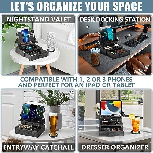 Wood Phone Docking Station for up to 3 Phones – Nightstand Organizer for Men & Women Holds Phones, Tablets, Keys, Rings, Glasses, Watches, EDC & More – with Special Drawer for Valuables – Enhanced Compatibility and Speed
