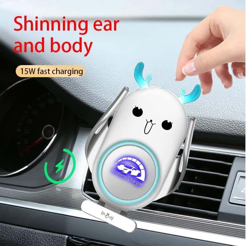 Charming Deer-Themed Wireless Car Charger Mount – 15 W Fast Charging with Auto-Clamping for i Phone & Samsung – Versatile Dashboard and Air Vent Installation – Ultimate Universal Phone Holder for Seamless Connectivity and Style