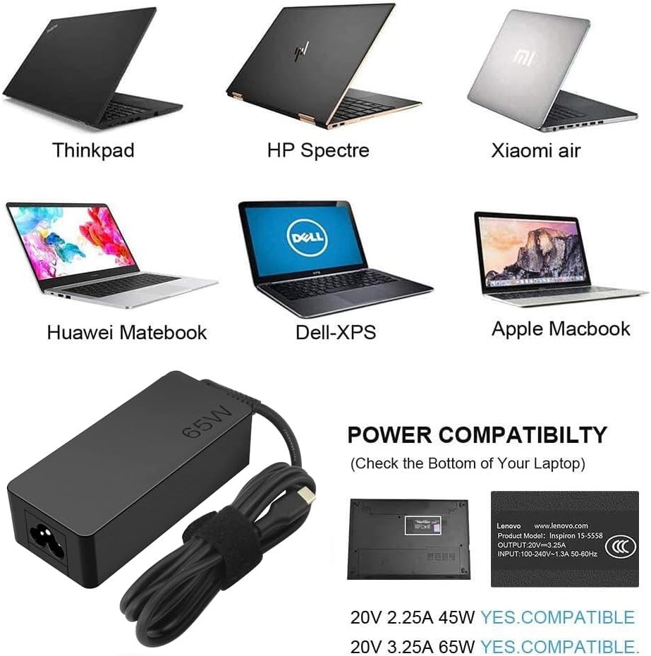 High-Speed 65 W & 45 W USB-C Charger for Thinkbook & Lenovo Laptops – Universal Compatibility for Chromebook, Pixelbook, and Yoga Series – Fast Power Delivery with Multiple Voltage Outputs – Ideal Replacement Power Adapter with 12 Months Warranty and 24/7 Support