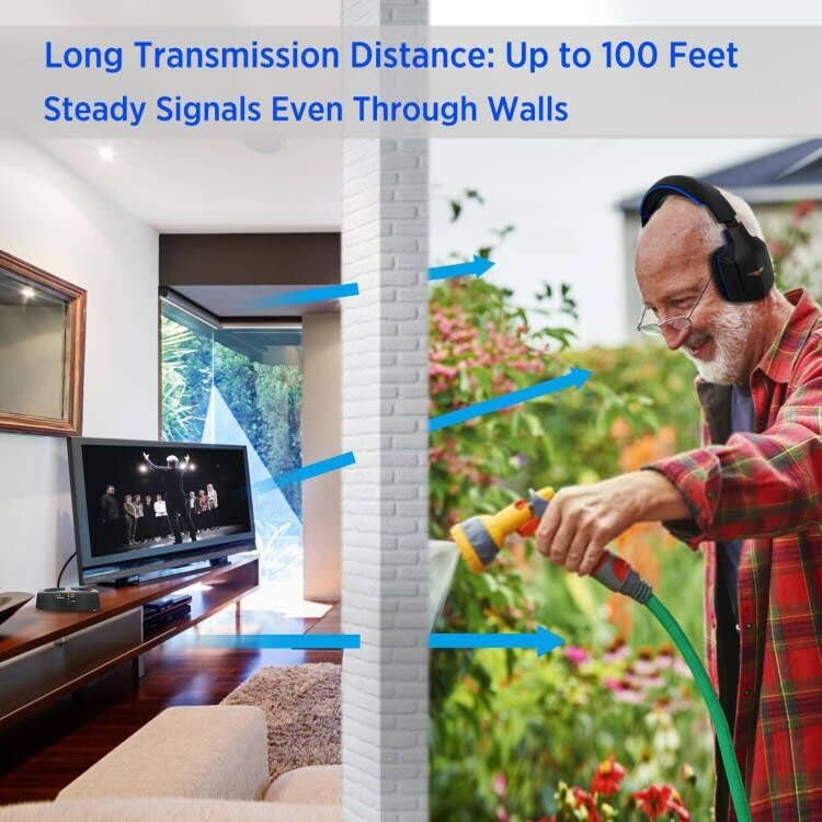 Unleash the Power of Sound with Wallar Ge Long-Range Wireless Over-Ear Headphones – Effortless Setup with RF Transmitter, 100 Ft Wireless Freedom, and 20-Hour Rechargeable Battery Life for Uninterrupted Entertainment – Luxurious Comfort in Sleek Black/Red Design, Compatible with All TV Brands for an Immersive Audio Experience