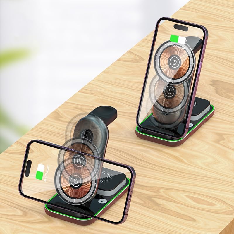 Effortless Charging Hub: Mag Safe-Compatible 3-in-1 Wireless Charger Stand for i Phone, Apple Watch & Air Pods – Adjustable Height & Built-in Night Light for Optimal Convenience – Sleek Black Design for Home & Travel Use