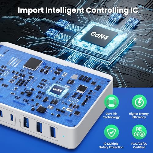 Revolutionary 300 W Ga N IV Technology USB-C Charging Hub – 8-Port Multi-Device Charger for Mac Book Pro/Air, DELL Laptops, i Phone 16/15/14 & Galaxy S25 – Sleek Navy Finish for Enhanced Home & Office Efficiency – Your Premier Solution for Rapid Device Power and Seamless Connectivity