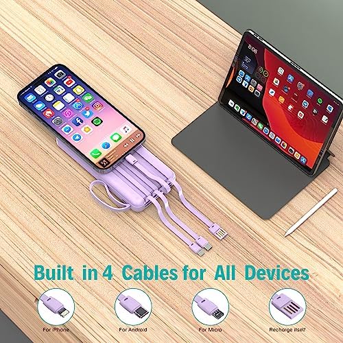 Slim 10,000 m Ah Portable Charger with Built-in Cables – High-Speed USB-C Power Bank for Travel | 5 Outputs & 3 Inputs, LED Display, Compatible with i Phone, Samsung, Pixel, LG & More – Essential Power Solution for On-the-Go Charging