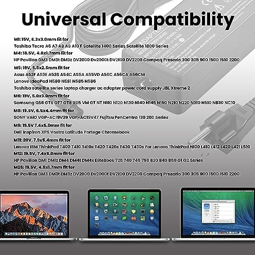 Universal 90 W Laptop Charger AC Adapter with 16 Connectors for Fast Charging – Compatible with HP, Dell, Lenovo, Acer, Asus, Toshiba, and More – Versatile Power Solution for All Notebook Brands – CE/FCC/ROHS Certified for Safety and Efficiency – Perfect for Home, Office, and Travel Use – Global Input Voltage 100-240 V, Ideal for Ultrabooks and Chromebooks – Enhanced Protection Features Including Short Circuit, Overcurrent, and Overvoltage Safety – 30-Day Hassle-Free Return Policy and 12-Month Warranty for Peace of Mind – Streamline Your Charging Experience with One Adapter for Multiple Devices – Space-Saving Design for a Clutter-Free Workspace
