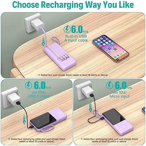 Slim 10,000 m Ah Portable Charger with Built-in Cables – High-Speed USB-C Power Bank for Travel | 5 Outputs & 3 Inputs, LED Display, Compatible with i Phone, Samsung, Pixel, LG & More – Essential Power Solution for On-the-Go Charging
