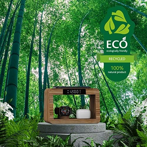 Eco-Friendly Bamboo Charging Station with 15 W Fast Wireless Charging, Adjustable Night Light & Multi-Device Compatibility for i Phone, i Watch, Air Pods, and Samsung – Sleek Nightstand Solution with 3 Color Modes and 4 Brightness Levels, Includes Adapter for Enhanced Efficiency