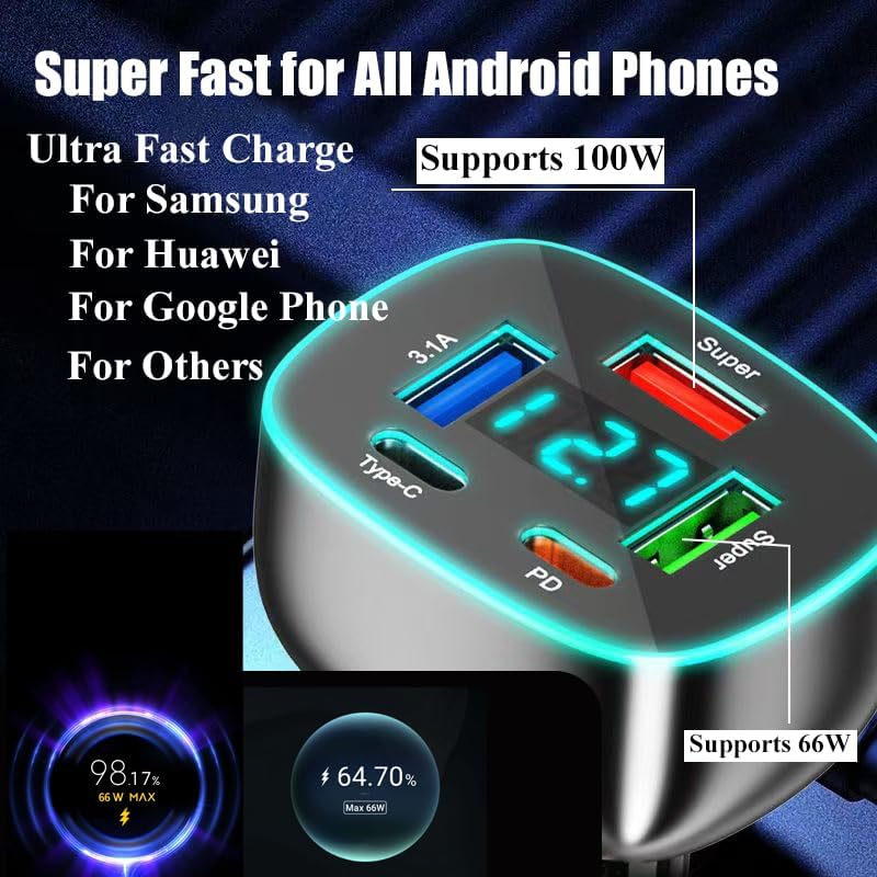 5-Port USB C Car Charger with Dual PD 30 W Fast Charging & Voltage Display – Multi-Device Compatibility for Mac Book, i Phone 16/15 Pro Max, Samsung, Huawei & Android – Efficient Cigarette Lighter Adapter for On-the-Go Power