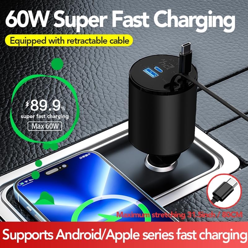 Ultimate 4-in-1 Retractable Car Charger – 60 W Super Fast Charging for i Phone 11-16, Galaxy, Pixel & Air Pods 4 – Dual USB Ports & Tangle-Free Cables for Maximum Convenience on the Go – Compact Power Adapter for All Your Devices