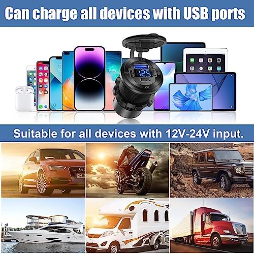 12 V USB Car Charger with 3 Ports – Waterproof Marine Fast Charging Socket for Boats, RVs, Golf Carts, Motorcycles & Trucks – Durable Aluminum Design with Integrated Voltmeter & Switch for Enhanced Safety and Convenience