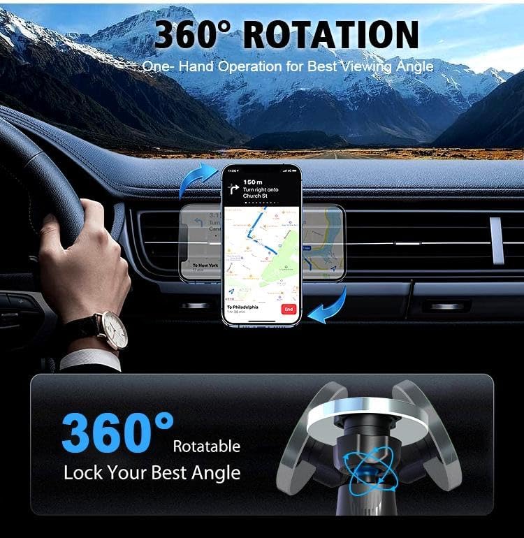 Universal Magnetic Car Vent Phone Holder by Phone Skope – 15 W Qi Fast Wireless Charging, 360° Adjustable Viewing Angle, Robust Magnetic Grip, Case-Compatible Design for Effortless Safe Driving and Hands-Free Navigation