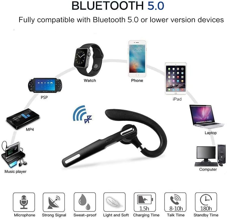 Premium Bluetooth Headset – Wireless Earpiece V5.0 with 8-10 Hour Talk Time, Stereo Noise Cancelling Microphone, Ideal for i Phone & Android Users, Perfect for Business, Driving, and Everyday Use – Exceptional Audio Clarity and Comfort