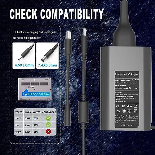 Universal 65 W AC Adapter for Dell Laptops – Fast Charging Power Supply for Latitude and Inspiron Series – Enhanced Compatibility with 4.5 mm & 7.4 mm Connectors – Ideal Replacement Charger for 5400, 7400, 7490, 3000, 5000, 7000 Series – Efficient Power Cord with Versatile Tips for All Dell Models – Upgrade Your Charging Experience Today