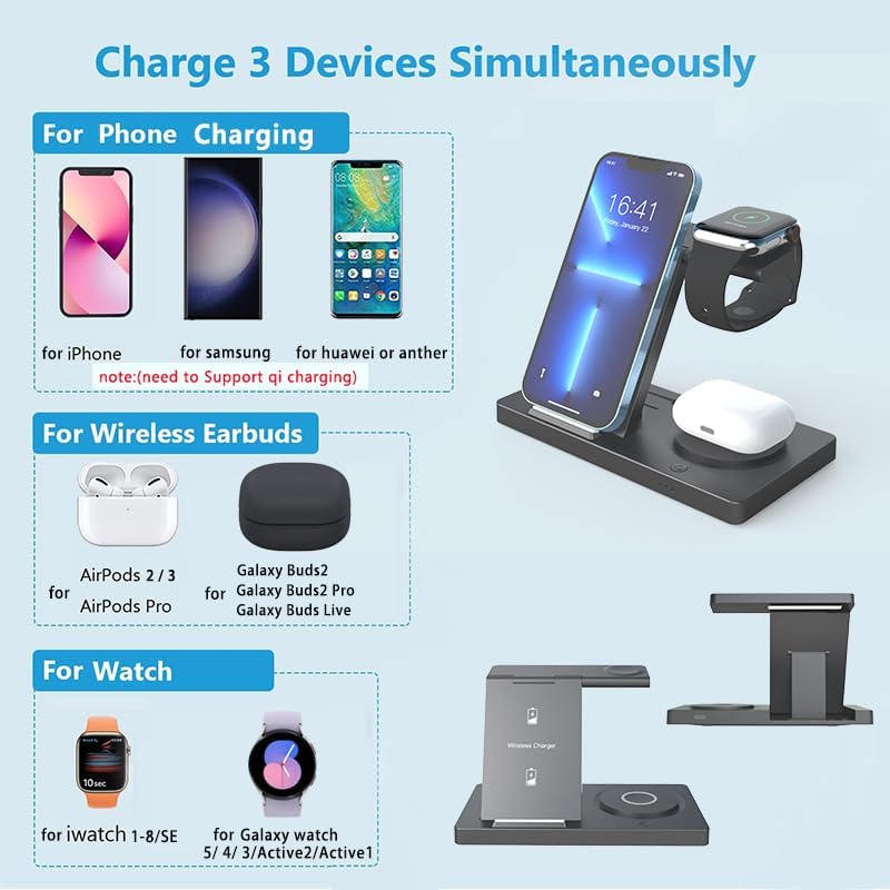 Ultimate 5-in-1 Foldable Wireless Charging Station for i Phone 11-16, Apple Watch Series 5-10 & Air Pods Pro – Fast, Efficient & Space-Saving Dock for Samsung Galaxy Watches with Enhanced Portability and Non-Slip Design
